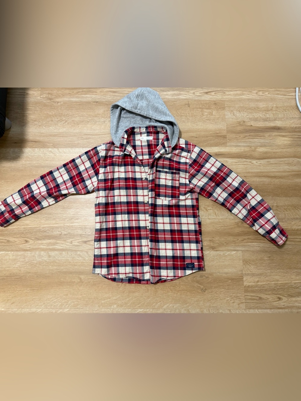 Zara kids Red Navy Cream Plaid Button-Down Shirt with Gray Hood